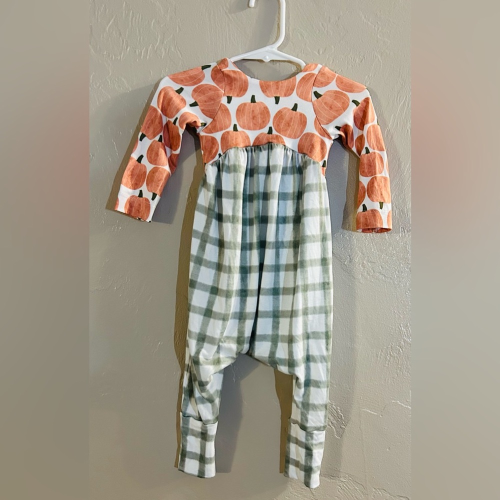 Handmade Baby Pumpkin and Green Gingham Romper- Size 6/9 Months